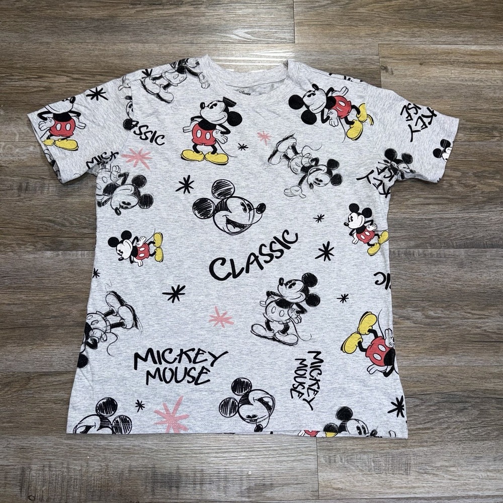 Disney Mickey Mouse All-Over Print Gray Shirt Womens M (7-9) Classic Spell-Out